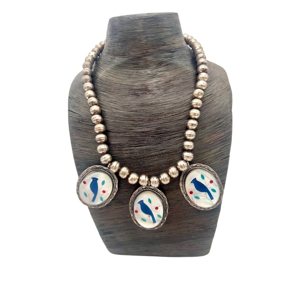 Vintage/Antique Native American Zuni Necklace Blue Bird Sterling Silver Bead